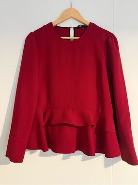 Zara Deep Red Ruffle-Peplum Long Sleeve Blouse